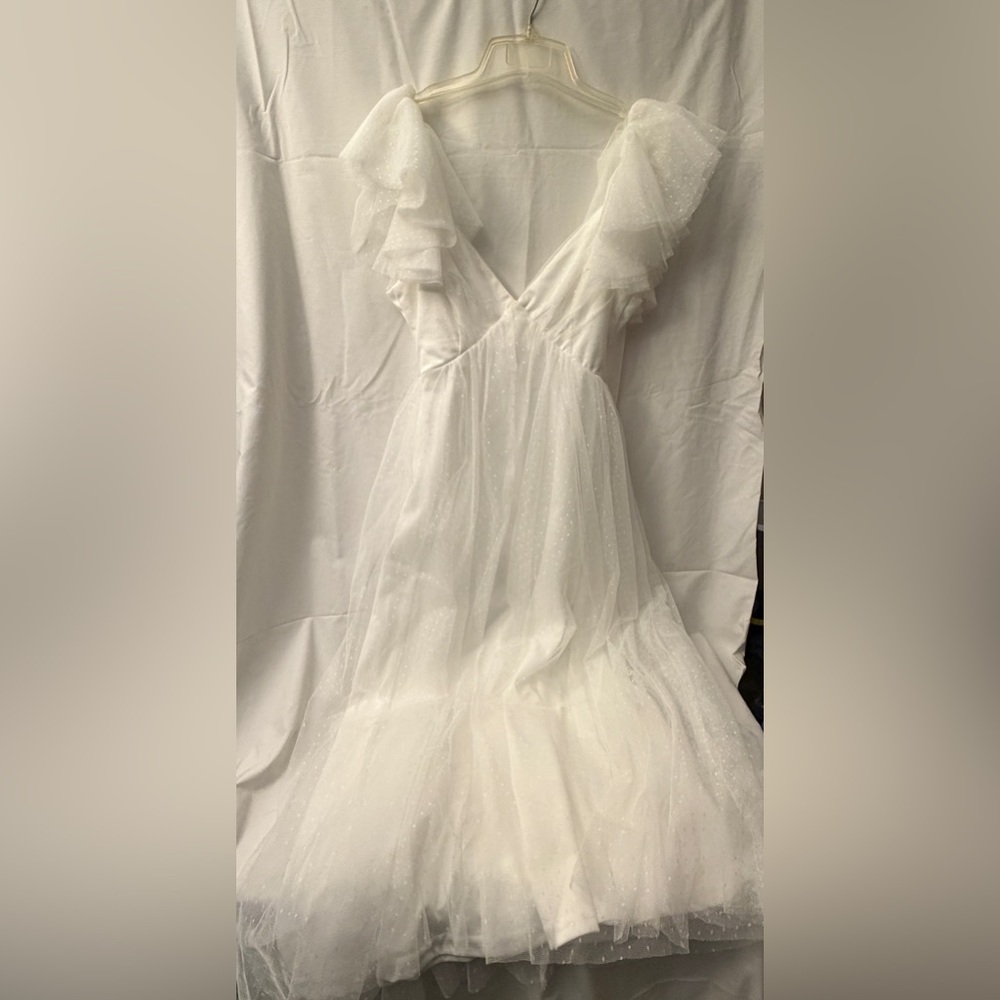 Lulus White Polka Dot Tulle Midi Dress with Ruffled Shoulders